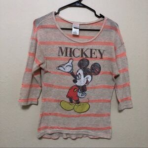 Disney Mickey Mouse Womens Striped Beige & Coral 3/4 Sleeve Sheer Top Shirt Sz M